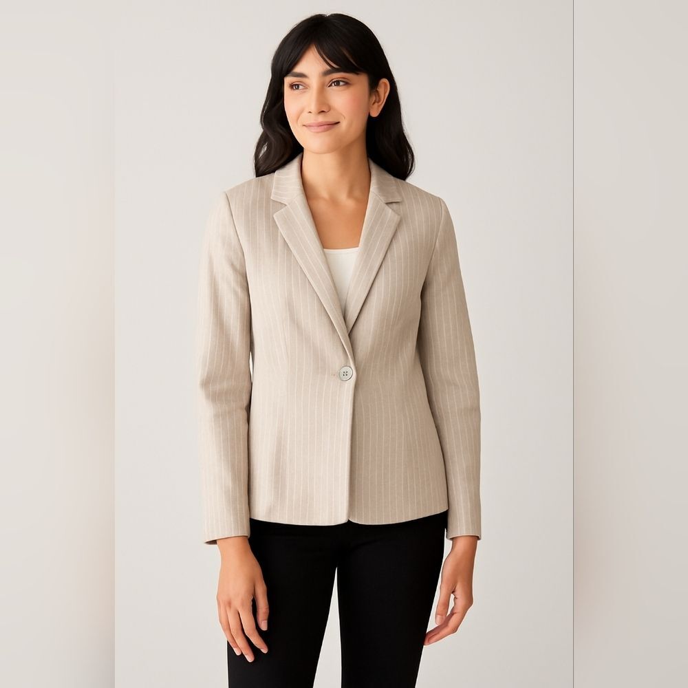 Nanette Lepore Beige Pinstripe Linen Blend Blazer Beige One Button Size 8 Career